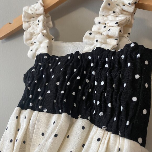 Handmade Children's Black Off White Polka Dot 100% Cotton Elastic Straps Dress - Picture 11 of 13